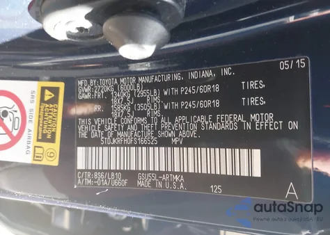2015 Toyota Highlander Xle V6 from USA, damaged, VIN 5TDJKRFH0FS166525